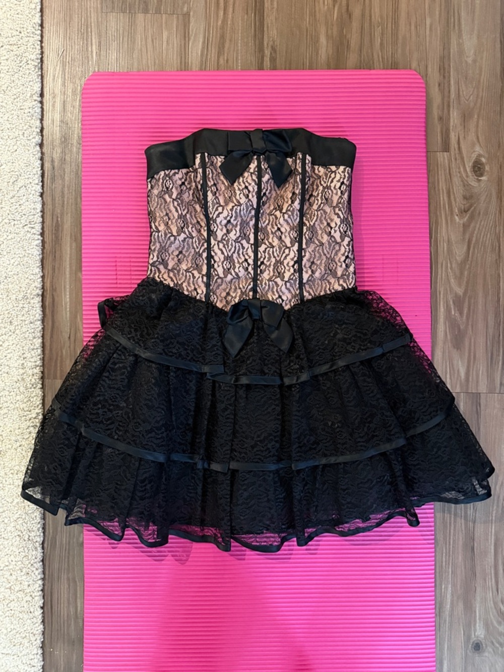 Betsey Johnson Vintage Black and Pink Lace Tiered Corset Dress